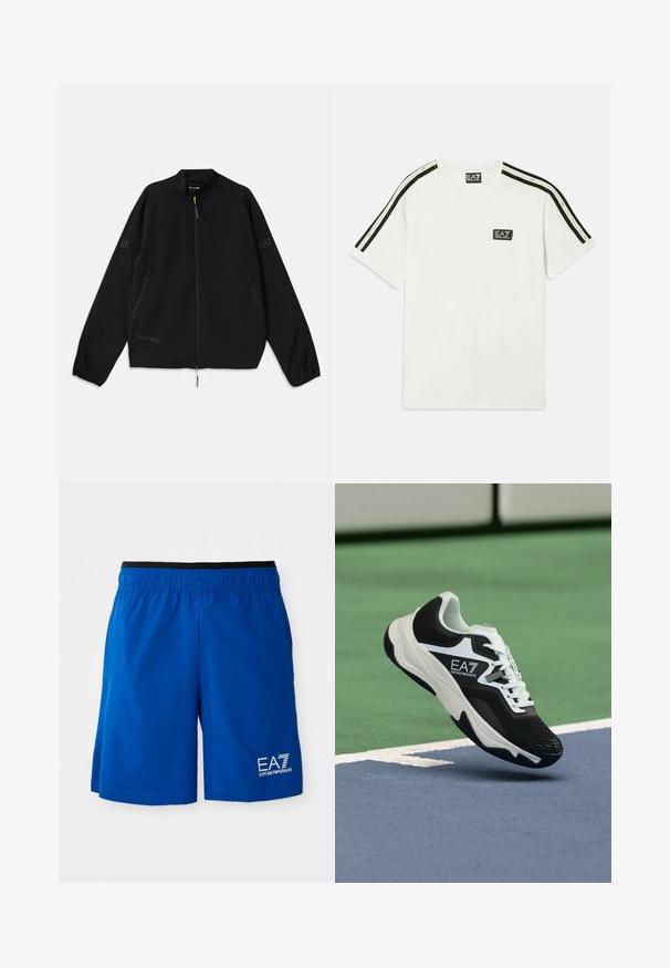 Crna jakna koja se može spakirati, napravljena od laganog materijala, s patentnim zatvaračem sprijeda, bočnim džepovima i logotipom u sivim i zelenim nijansama.; Bijela pamučna majica s okruglim izrezom, kratkim rukavima, crnim detaljima na ramenima i malim EA7 logotipom na prsima.; Plave sportske kratke hlače s elastičnim pojasom, s bijelim logotipom s lijeve strane. Napravljene su od lagane tkanine, glatke teksture.; Crno-bijela tenisica EA7 Emporio Armani koja se nalazi iznad plavih i zelenih linija teniskog terena.