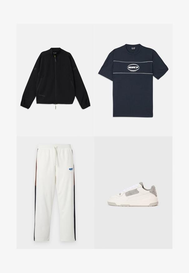 Juodas sulankstomas džemperis, pagamintas iš lengvos medžiagos, su užtrauktuku priekyje, šoninėmis kišenėmis ir logotipo akcentais pilkoje ir žalioje spalvose.; Tamsiai mėlyna medvilninė marškinėliai su trumpomis rankovėmis, su balta logo ir juostomis per krūtinę. Apvali iškirptė, laisvas pjūvis.; Balti sportiniai kostiumai su raišteliu juosmenyje, su rudomis ir tamsiai mėlynomis šoninėmis dalimis. Minkšta medžiaga su mėlynu logotipu kairėje šlaunies pusėje.; Baltos ir šviesiai pilki žemakulniai sportbačiai su baltais raišteliais ir zomšos akcentais, rodomi iš šono ant vientiso šviesaus fono.