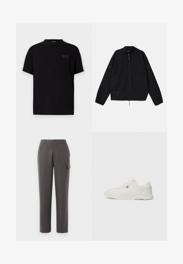 Black packable jacket made of lightweight material, featuring zippered front, side pockets, and logo accents in gray and green.; Black cotton t-shirt with short sleeves, featuring a small EA7 logo on the chest and cream-colored stripes along the shoulders.; Gray pants with a relaxed fit, made from a smooth fabric. Features a button closure, side pockets, and a cargo pocket on the leg.; Low-top white sneaker with lace-up front, smooth sole, and small metallic logo on the side, shown against a plain background.