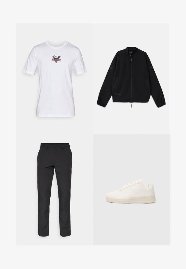 Juodas sulankstomas džemperis, pagamintas iš lengvos medžiagos, su užtrauktuku priekyje, šoninėmis kišenėmis ir logotipo akcentais pilkoje ir žalioje spalvose.; Balta medvilninė marškinė su apvalia iškirpte, kurių priekyje yra trikampis daugiakrasčio Nike logotipo su beisbolo akcentu. Trumpomis rankovėmis.; Juodos kelnės tiesiu kirpimu, pagamintos iš lygaus audinio. Su šoninėmis priekinėmis kišenėmis ir standartinėmis juosmeninėmis juostomis.; Balti sintetiniai sportbačiai su lygiu paviršiumi, apvaliu pirštu, raištelių uždarymu ir logotipu, iškilusiu šone. Plokščia guminė padas.