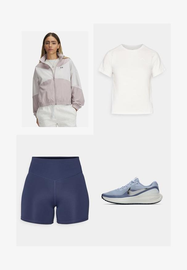 Giacca leggera con zip nei toni del lavanda e bianco, con colletto alto e polsini elastici sulle maniche e sull'orlo inferiore.; T-shirt bianca leggera con maniche corte, collo rotondo e un piccolo logo nell'angolo in alto a sinistra. Tessuto morbido con una leggera lucentezza.; Shorts sportivi blu navy realizzati in materiale elasticizzato con una vita alta, caratterizzati da cuciture senza giunture e un design aderente.; Scarpa da corsa Nike azzurra e bianca con lo swoosh argento, upper in mesh traspirante, suola ammortizzata e battistrada nero.