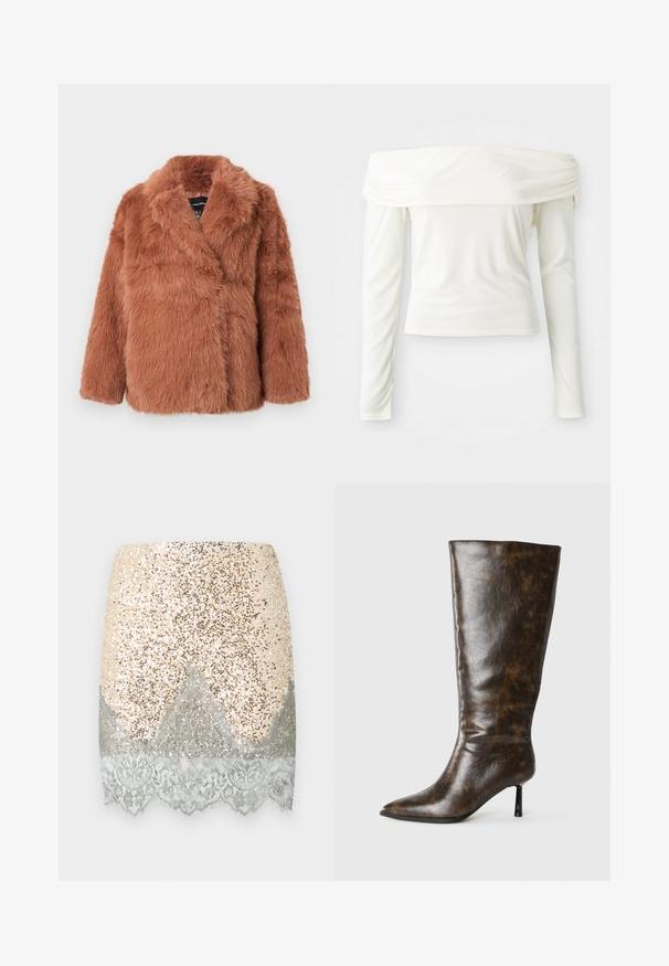 Brown faux fur coat with a shawl collar, long sleeves, and a wrap design. Soft texture with thick fibers, suitable for cold weather.; Off-the-shoulder long-sleeve top in cream white, made of smooth fabric with a fitted silhouette and gathered detail at the neckline.; Short sequined skirt in beige with silver accents, featuring a lace trim at the hemline. Smooth texture with a shiny, reflective surface.; Brown distressed leather knee-high boot with pointed toe and thin stiletto heel on a white background.