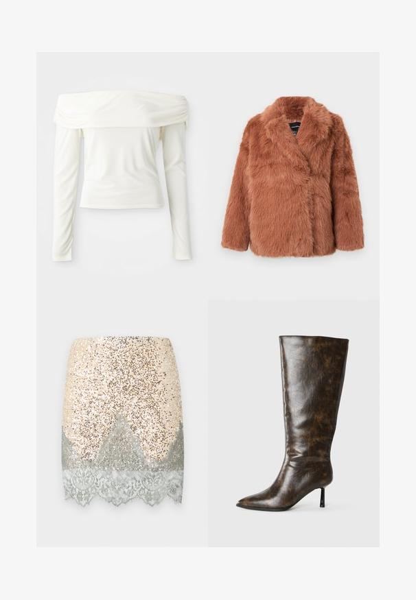 Casaco de pelo sintético castanho com gola de xale, mangas compridas e design cruzado. Textura macia com fibras espessas, adequado para tempo frio.; Top de manga longa com ombros à mostra em branco creme, feito de um tecido suave com uma silhueta ajustada e detalhe franzido na gola.; Saia curta de lantejoulas em bege com detalhes em prata, com acabamento em renda na bainha. Textura suave com superfície brilhante e reflexiva.; Bota alta de couro marrom desgastado com bico fino e salto agulha em fundo branco.