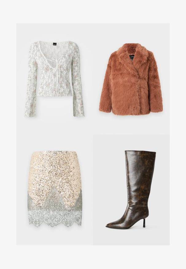 Hnedý kabát z umelého chlpatého materiálu s klopovým golierom, dlhými rukávmi a zavinovacím dizajnom. Mäkká textura s hustými vláknami, vhodný na studené počasie.; Biely čipkovaný top s dlhými rukávmi, kvetinový vzor v svetloružovej a zelenej farbe, výstrih do V s detailom viazania, zvlnený lem.; Krátka flitrová sukňa v béžovej farbe so striebornými detailmi, s čipkovaným lemom na spodnom okraji. Hladká textúra s lesklým, reflexným povrchom.; Hnedé opotrebované kožené čižmy po kolená s špicatou špičkou a tenkým ihlovým podpätkom na bielom pozadí.