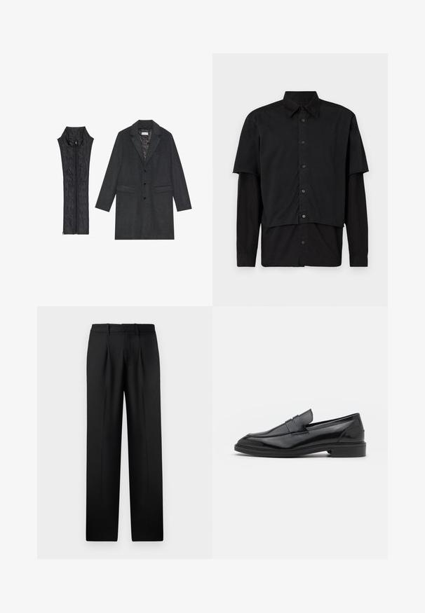 Temno siva volnena plašč z zarezenim ovratnikom, sprednjimi žepi in tremi gumbi, v kombinaciji z črnim prešitým brezrokavnikom z visokim ovratnikom in zadrgo.; Črna srajca s kratkimi in dolgimi rokavi. Narejena iz bombaža, z klasičnim ovratnikom in subtilno oznako na rami.; Črne hlače z visokim pasom in ravnim krojem, opremljene s sprednjimi pregibi in zankami za pas, izdelane iz gladkega materiala.; Črne usnjene loafersice z gladko površino, s zaobljenim prstom in ozkim pasom čez zgornji del. Nizek zložen petek.