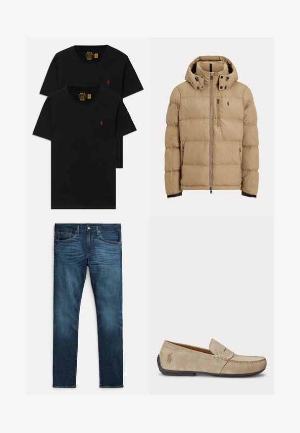 Rudos spalvos pūkinė striukė su užtrauktuku priekyje, nuimamu gobtuvu, elastiniais rankogaliais, dviem šoninėmis kišenėmis ir mažu logotipu kairėje krūtinės pusėje.; Juodieji medvilniniai marškinėliai su apvalia iškirpte, parduodami dviejų pakuotėje, su mažuoju raudonu siuvinėjimu krūtinėje. Individualiai pritaikytas lieknas modelis.; Tamsiai mėlynos spalvos džinsai iš džinso audinio, aptempto silueto, su penkiomis kišenėmis, kontrastingais oranžiniais siūlais ir tiesiais kojų priekaliais.; Beige zomšos loaferiai su siuvinėjimo detale, plokščiu guminio pado, ir mažuoju logotipu šone. Klasikinis priglaudimo dizainas, minkšta tekstūra.