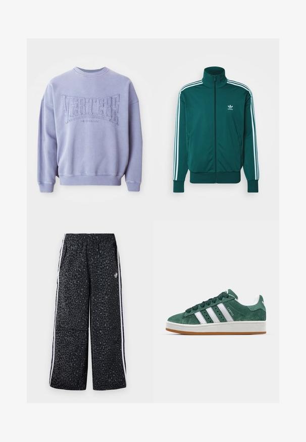adidas Originals FIREBIRD TT - Treniņjaka - mineral green; Violeta sporta krekls, kas izgatavots no mīkstas auduma, ar izšūtām uzrakstiem "VERTERE" un "BERLIN". Ar ribotām aprocēm un kakla izgriezumu, ar brīvu piegriezumu.; adidas Originals GRAPHIC UNISEX - Treniņtērpa apakšdaļas - black; Zaļi samta kedu ar baltām ādas svītrām, gumijas zoli, mīkstinātu apkaklīti un minimālistisku dizainu. Satur zīmolu uz sāniem.