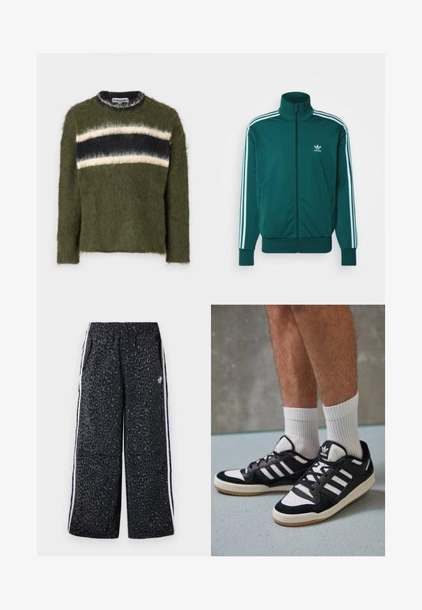 adidas Originals ADICOLOR CLASSICS FIREBIRD - Μπουφάν προπόνησης - mineral green; The Ragged Priest COLLEGIATE JUMPER - Πουλόβερ - multi; adidas Originals GRAPHIC UNISEX - Παντελόνι φόρμας - black; Μαύρα και λευκά αθλητικά παπούτσια με άνω μέρος από σουέτ και δέρμα, featuring τρεις λευκές ρίγες, περατά δάχτυλα και σόλα από καουτσούκ τύπου γκαστ.