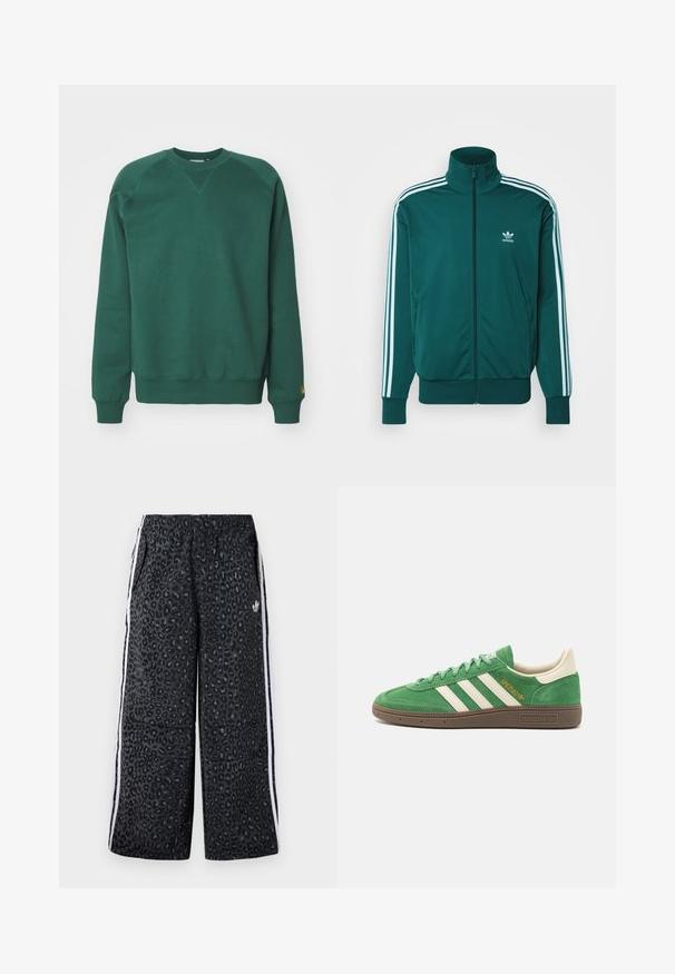 adidas Originals ADICOLOR CLASSICS FIREBIRD - Treniņjaka - mineral green; Zaļš kokvilnas krekls ar apaļu kakla izgriezumu, raglanu piedurknēm, ribotām aprocēm un logo uzsvēršanu apakšmalā. Gluda tekstūra un neformāls dizains.; adidas Originals GRAPHIC UNISEX - Treniņtērpa apakšdaļas - black; Zaļi zamša sporta apavi ar baltu trīs svītru dizainu, krēma akcentiem un brūnu teksturētu zoli. "SPEZIAL" izšūts zeltā uz sāniem.