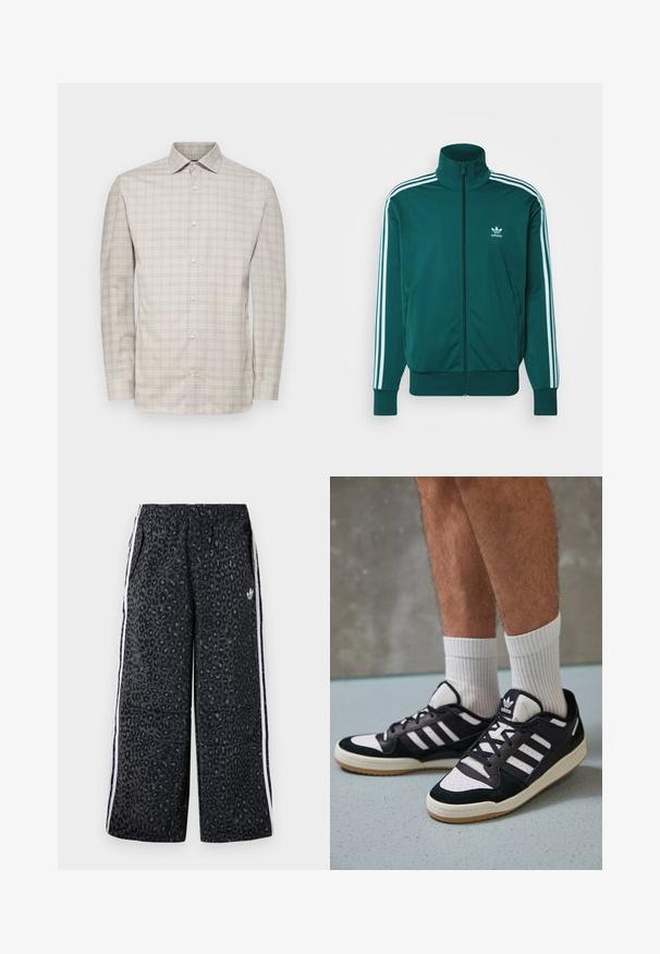 adidas Originals FIREBIRD UNISEX ciemnozielony; Koszula z długim rękawem, zapinana na guziki, w jasnym beżowym kolorze z drobnym wzorem w kratę. Posiada kołnierzyk oraz zapięcie na guziki, wykonana z lekkiego materiału.; adidas Originals UNISEX czarny; Czarno-białe sneakersy z zamszową i skórzaną cholewką, z trzema białymi paskami, perforowanym czubkiem i gumową podeszwą w kolorze gumy.