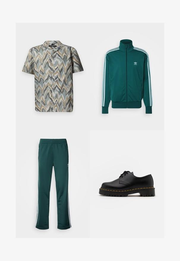 adidas Originals ADICOLOR CLASSICS FIREBIRD - Casaco de treino - mineral green; Camisa de manga curta com um padrão em forma de onda em tons de teal, cinza, bege e dourado. Feita de um tecido leve com frente abotoada.; Calças de desporto verde escuras com um tecido texturizado, cintura elástica e riscas brancas nas laterais. Slogan impresso perto da parte superior esquerda da frente.; Sapato de pele preta com atacadores, bico arredondado, sola de borracha texturizada e costura amarela à volta da base. Design plano e acabamento liso.
