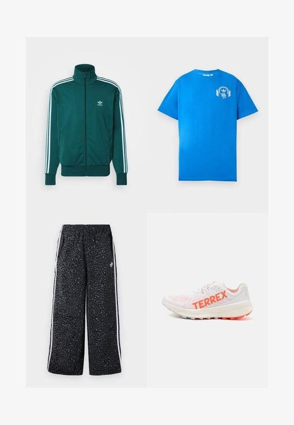 adidas Originals ADICOLOR CLASSICS FIREBIRD - Tréning dzseki - mineral green; Kék pamut póló rövid ujjakkal. Elöl fehér grafikával díszített, amelyen egy fejhallgatós karakter és egy ív látható.; adidas Originals GRAPHIC UNISEX - Tréningruha alsók - black; Fehér sportcipő hálós felsőrésszel és élénk narancssárga "TERREX" logóval. Párnázott talpa és textúrált tapadása van, a teljesítmény érdekében tervezve.