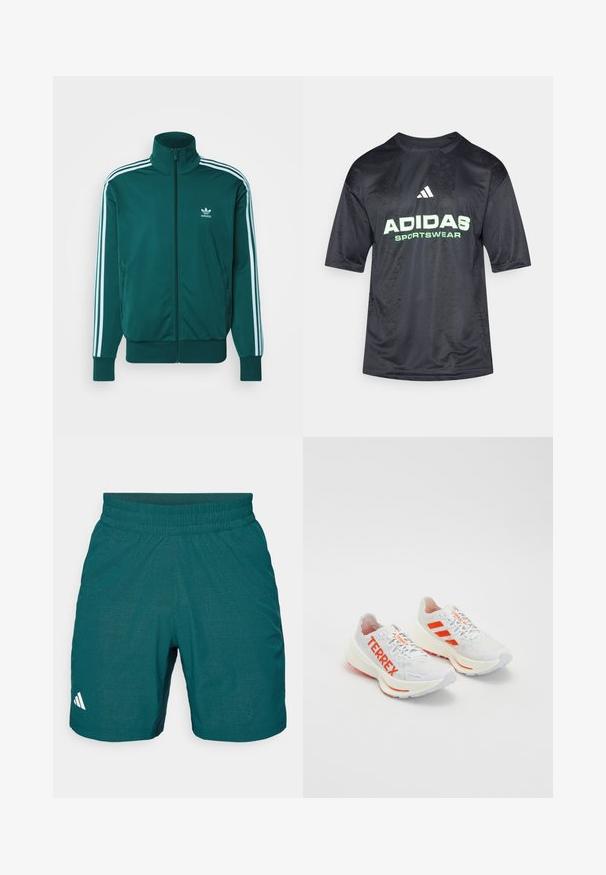 adidas Originals ADICOLOR CLASSICS FIREBIRD - Training jacket - mineral green; Black short-sleeve sports T-shirt with an embossed pattern, featuring a large green "ADIDAS" logo and "SPORTSWEAR" text below it.; Teal athletic shorts made of lightweight fabric, featuring an elastic waistband, patterned texture, and a small white logo on the left side.; White athletic shoes with orange accents, featuring "TERREX" branding, a mesh upper, cushioned sole, and a textured rubber outsole.