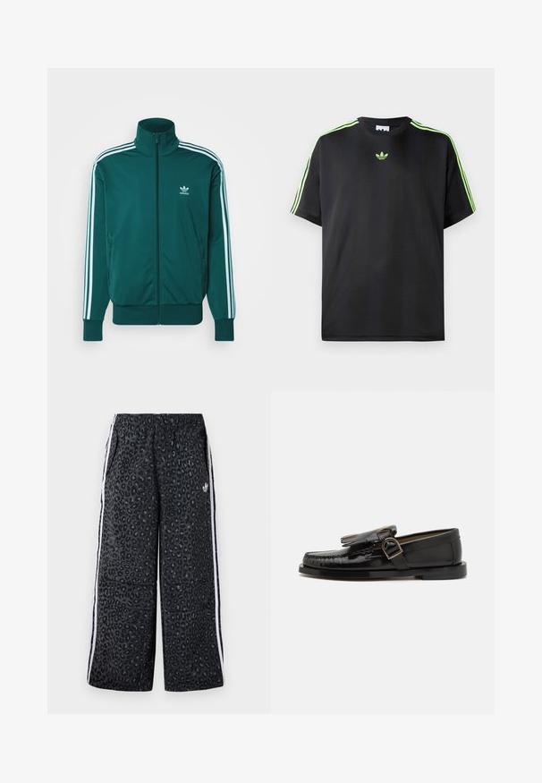 adidas Originals ADICOLOR CLASSICS FIREBIRD - Jakna za treniranje - mineral green; Crna majica kratkih rukava od glatkog materijala s okruglim izrezom, sa tri zelene pruge na ramenima i malim zelenim logotipom na prsima.; adidas Originals GRAPHIC UNISEX - Donji dijelovi trenirke - black; Crne kožne mokasine s sjajnom završnom obradom, s dekorativnom resicom i detaljem kopče. Niska potplata s minimalnim uzorkom.