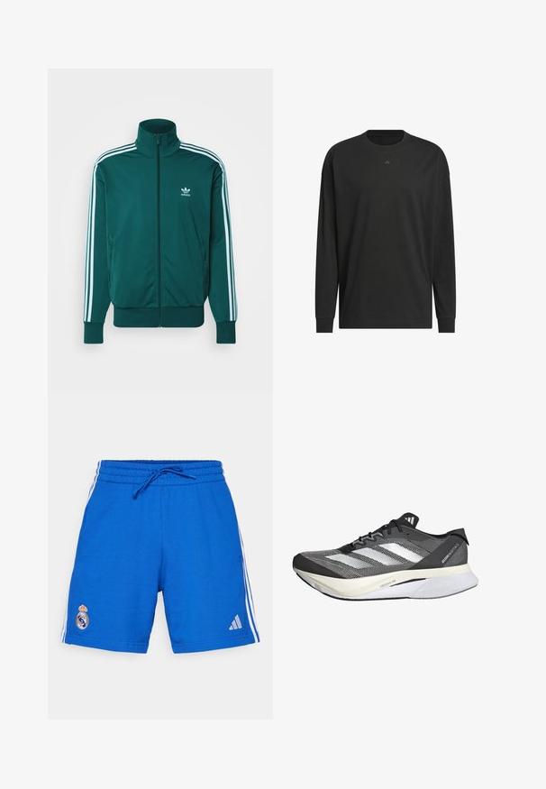 adidas Originals FIREBIRD UNISEX ciemnozielony; Czarny longsleeve wykonany z miękkiej bawełny, z okrągłym dekoltem, luźnym krojem i małym logo na piersi.; adidas Performance REAL MADRID błękit królewski; Czarno-biała sportowa obuwie z siateczkową cholewką, z trzema białymi paskami, wyrazistą podeszwą oznaczoną "LIGHTSTRIKE PRO" oraz aerodynamicznym designem.