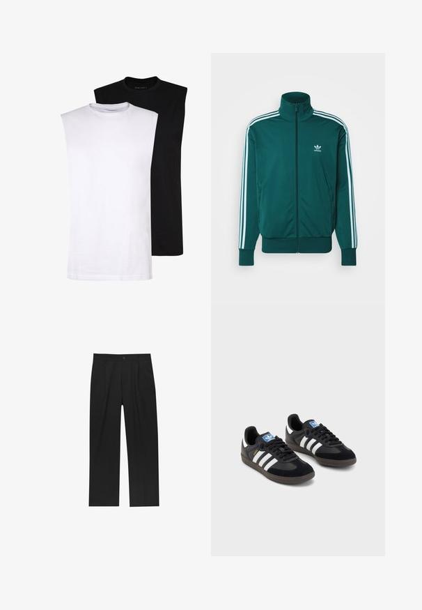 adidas Originals FIREBIRD TT - Trainingsvest - mineral green; Witte en zwarte mouwloze katoenen T-shirts met ronde hals, een gladde textuur en een minimalistisch ontwerp. Geschikt voor verschillende casual settings.; Zwarte broeken met een recht model, gemaakt van een gladde stof. Voorzien van een voorplooien en een enkele knoopsluiting bij de taille.; Zwarte sneakers met een bovenwerk van suède en synthetisch materiaal, voorzien van drie witte strepen, een gestructureerde rubberen zool en een blauw logo-label op de tong.