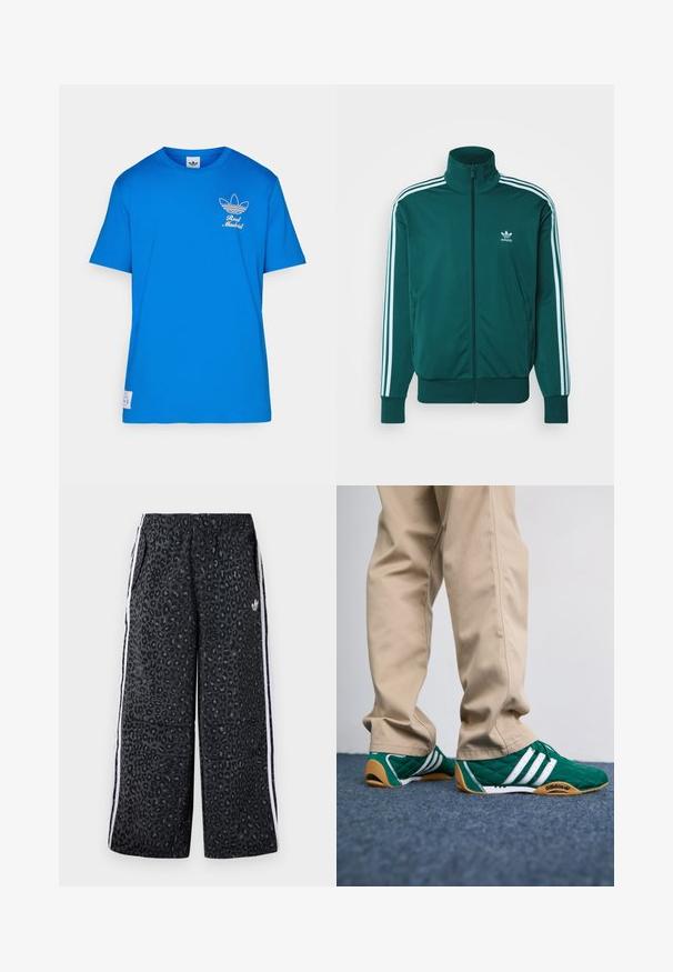 adidas Originals ADICOLOR CLASSICS FIREBIRD - Sportinė striukė - mineral green; Mėlynas trumpomis rankovėmis medvilnės marškinėliai su balta Adidas logotipo grafika ir užrašu "Real Madrid" kairėje krūtinės pusėje.; adidas Originals GRAPHIC UNISEX - Treningo apatinė dalis - black; Žalios siūtos sportbačiai su baltais dryžiais ir rudomis guminėmis padais, derinami su smėlio spalvos kelnėmis. Dizainas pasižymi žemu profiliu ir tekstūruota medžiaga.