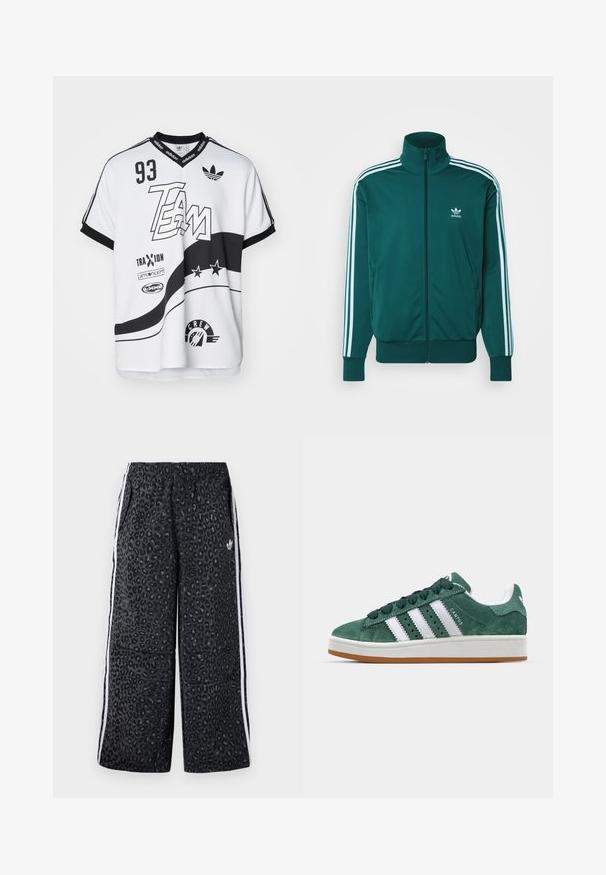 adidas Originals FIREBIRD TT - Sportinė striukė - mineral green; Trumpa rankovėmis marškiniai, pagaminti iš balto tinklinio audinio su juodais akcentais, su didelėmis grafikomis, numeriais ir logotipais ryškiu šriftu.; adidas Originals GRAPHIC UNISEX - Treningo apatinė dalis - black; Žalios zomšinės sportinės bateliai su baltomis odinėmis juostelėmis, guminėmis padangomis, paminkštintu kraštu ir minimalistiniu dizainu. Ant šono yra ženklas.