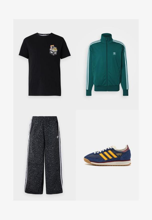 adidas Originals ADICOLOR CLASSICS FIREBIRD - Casaco de treino - mineral green; T-shirt de algodão preto com mangas curtas, apresentando uma pequena ilustração de uma caixa cheia de itens coloridos na área do peito esquerdo.; adidas Originals GRAPHIC UNISEX - Calças de fato de treino - black; Sneaker de camurça azul-marinho com riscas amarelas, atacadores brancos e realces em bordeaux. Sola texturizada com relevos para aderência. Logótipo da marca de lado.