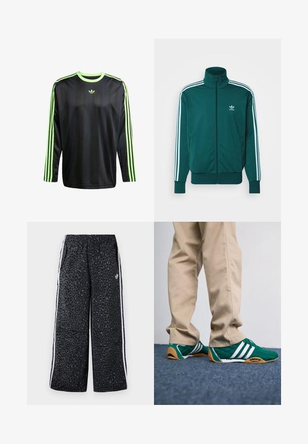 adidas Originals ADICOLOR CLASSICS FIREBIRD - Casaco de treino - mineral green; adidas Originals JACQ - Camisola de manga comprida - black signal green; adidas Originals GRAPHIC UNISEX - Calças de fato de treino - black; Ténis verde acolchoados com riscas brancas e solas de borracha castanha, combinados com calças beige. O design apresenta um perfil baixo e material texturizado.