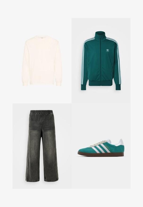 adidas Originals ADICOLOR CLASSICS FIREBIRD - Treniņjaka - mineral green; Ilgiem piedurknēm krekls no krēmkrāsas kokvilnas ar apaļu izgriezumu un elastīgiem piedurknēm, ar minimālistisku dizainu un mīkstu tekstūru.; Melni mazgāti džinsu bikses ar elastīgu jostu un platām kājām, kurām ir smalkas vertikālās šuvju detaļas sānos.; adidas Originals ADIDAS GAZELLE SHOES - Futbola apavi iekštelpām - liverpool fc/sea green/footwear white