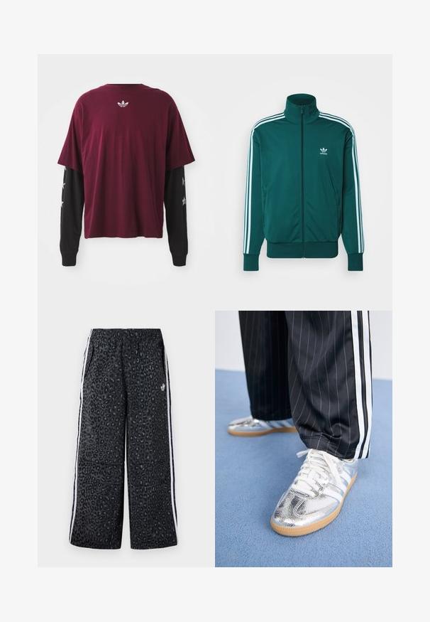 adidas Originals ADICOLOR CLASSICS FIREBIRD - Casaco de treino - mineral green; Camisa curta de manga em bordô sobre uma de manga longa preta, com um logo texturizado nas costas e padrões de estrelas nas mangas.; adidas Originals GRAPHIC UNISEX - Calças de fato de treino - black; Ténis prateados metálicos com atacadores brancos e três riscas brancas, combinados com calças pretas risca de giz. Sola de borracha destacada na parte inferior.