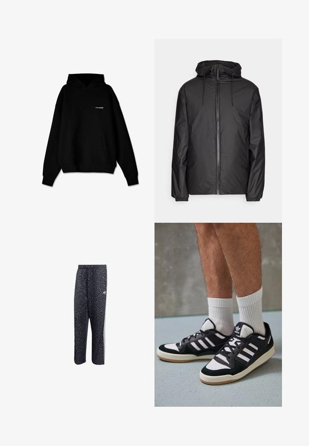 Čierna, ľahká bunda s kapucňou, predným zipsom, šnúrkami na stiahnutie a elastickými manžetami. Hladká, vodeodolná tkanina bez viditeľných vzorov.; Čierna mikina s kapucňou a predným vreckom, so malým bielym logom "PEGADOR" na hrudi, vystavená na bielom pozadí.; Čierne športové nohavice s leopardím vzorom, s bielym trojpruhovým dizajnom a logom športovej značky na boku.; Čierno-biele tenisky s vrchom z semišu a kože, s troma bielymi pruhmi, perforovanou špičkou a gumovou podrážkou.