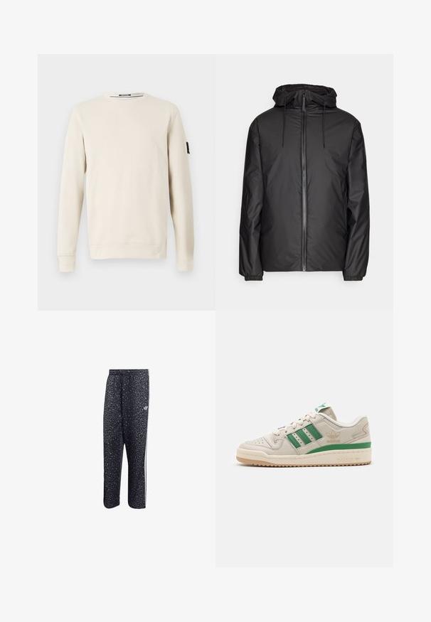 Crna, lagana jakna s kapuljačom, prednjim zatvaračem, šnurama i elastičnim manžetama. Glatki, vodootporni materijal bez vidljivih uzoraka.; Bež dukserica s okruglim izrezom izrađena od mekog materijala, s dugim rukavima i malim crnim logom na lijevom rukavu.; Crne sportske hlače s uzorkom leopard tiska, s bijelim dizajnom u tri pruga i logotipom sportske marke sa strane.; Adidas tenisice s bež kožnim gornjim dijelom, zelenim trakama i gumenim potplatom. Imaju podstavljen ovratnik i perforirani vrh za prozračnost.