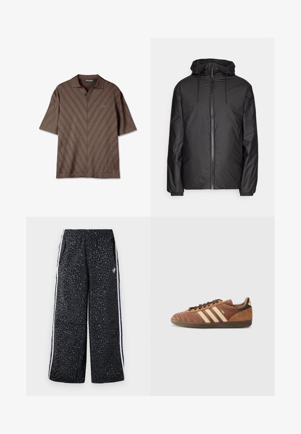 Juodas, lengvas striukė su gobtuvu, priekiu užtrauktuku, raišteliais ir elastingomis rankovėmis. Lygus, vandeniui atsparus audinys be matomų raštų.; Rudas trumpų rankovių polo marškinėliai su V formos iškirpte, turintys tekstūrinį zigzaginį raštą ir subtilų logotipo akcentą krūtinėje.; adidas Originals GRAPHIC UNISEX - Treningo apatinė dalis - black; adidas Originals SAMBA UNISEX - Sportbačiai - preloved brown/sand strata/dark brown