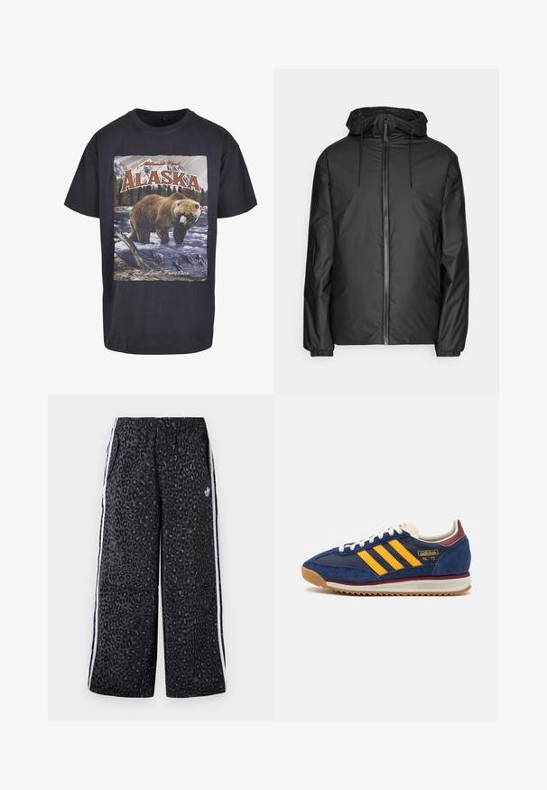 Fekete, könnyű dzseki kapucnival, elöl cipzárral, húzózsinórral és elasztikus mandzsettákkal. Simla, vízálló anyag, amelyen nincsenek látható minták.; Fekete pamut póló, amelyen egy medve és egy hal grafikája látható, az "Alaska" és "Az Utolsó Határ" szöveggel. Rövid ujjú, laza szabású.; adidas Originals GRAPHIC UNISEX - Tréningruha alsók - black; Sötétkék velúr sportcipő sárga cscsíkokkal, fehér fűzőkkel és bordeaux vörös kiegészítőkkel. Texturált talp barázdákkal a tapadás érdekében. Márkajelzés az oldalon.