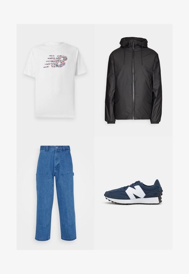 Juodas, lengvas striukė su gobtuvu, priekiu užtrauktuku, raišteliais ir elastingomis rankovėmis. Lygus, vandeniui atsparus audinys be matomų raštų.; Baltos medvilnės marškinėliai su spalvingu "New Balance" logotipu, kuriame pavaizduoti abstraktūs formos rožinėmis, mėlynomis ir oranžinėmis atspalvių. Trumpomis rankovėmis.; Mėlyni džinsiniai cargo kelnės su aukštu liemeniu, plačiomis kojomis ir didelėmis priekinėmis kišenėmis. Turėtų siuvinėjimo detalių ir mygtuko uždarymą.; Tamsiai mėlyni sportiniai bateliai su balta logo, su odos ir tinklo viršumi, su paminkštintu apvadu, plokščiais raišteliais ir tekstūruotu juodu guma padu.