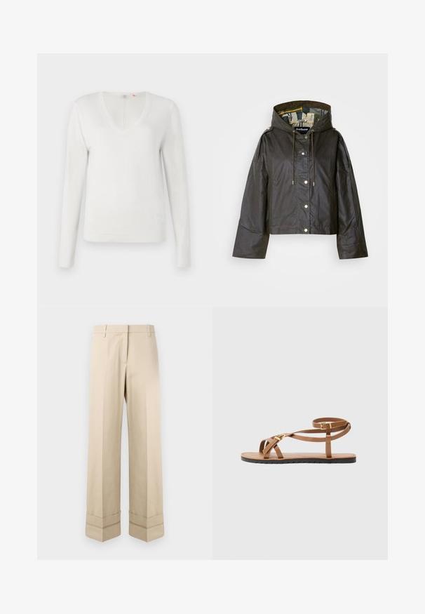 Mustast kärbitud juustega kapuutsiga jakk, millel on tõmblukk ja snap-nööpidega kinnis, köisnöör ja kuldse tooniga riistvara. Sisemusel on mustriline vooder.; Valge V-kaelusega sviiter pehmest kangast, pikad varrukad ja soonikserv ning -ääred; sile tekstuur, minimalistlik disain.; Beezid püksid sirge lõikega, millel on kaksikkant allservas ja lame esikülg. Valmistatud siledast ja vastupidavast kangast.; Pruunist nahast sandaal, millel on õhukeste rihmadega disain, kuldse tooni klamber ja lame must talla, mille servad on sakilised.