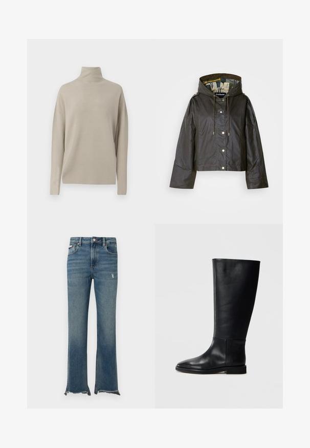 Black cropped jacket with a hood, featuring a zip and snap button closure, drawstring, and gold-tone hardware. Interior has a patterned lining.; Light beige turtleneck sweater, made of soft knit material, features a relaxed fit with long sleeves and a high collar. No visible patterns.; Blue denim jeans with slight distressing, raw frayed hems, front pockets, belt loops, and a button closure.; Black leather knee-high boot with a rounded toe, smooth texture, minimalistic design, and a flat sole. Simple seam details on the shaft.