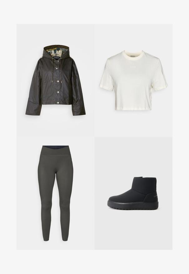Black cropped jacket with a hood, featuring a zip and snap button closure, drawstring, and gold-tone hardware. Interior has a patterned lining.; Cropped white t-shirt made of cotton with a smooth texture, featuring a round neck and short sleeves. "BORG" logo in subtle embroidery.; High-waisted leggings in olive green, made from a stretchy material with a smooth texture and flat seams, offering a fitted silhouette.; Black ankle boots with a smooth outer surface, rounded toe, subtle seam details, and a thick textured sole. Features a logo on the back.