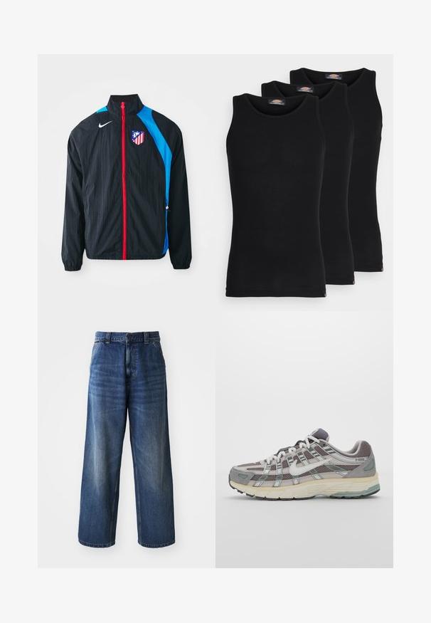 Fekete szélálló dzseki kék részletekkel, piros cipzárral és Atlético Madrid logóval. Könnyű anyag, rugalmas mandzsetták és hem.; Fekete ujjatlan trikók három darabos kiszerelésben. Bordás textúra, klasszikus kerek nyakkivágás. Az alján kis márkajelzés található.; Magas derekú kék farmernadrág széles szárú fazonnal, finom kopással, elülső zsebekkel és gombos záródással a deréknál.; Szürke sportcipő, hálós és velúr felsőrésszel, fehér részletekkel, párnázott talppal és jellegzetes dizájnnal, amely visszaverő elemeket tartalmaz.