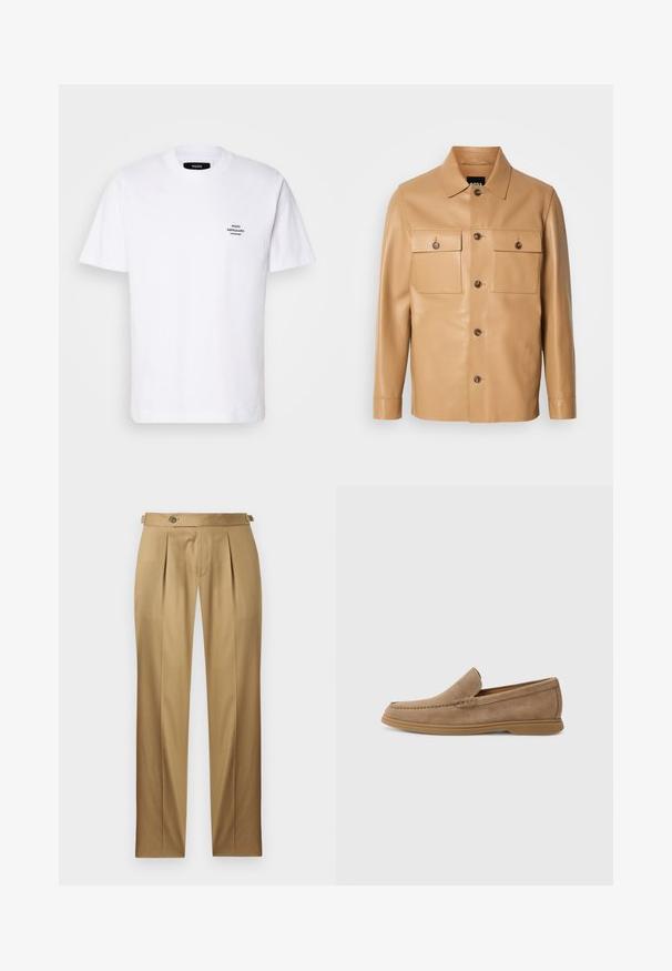 Tan spalvos odinė striukė su klasikiniais apykaklėmis, dviem krūtinės kišenėmis ir mygtukų uždarymu, pasižyminti lygiu paviršiumi ir tiesiomis rankovėmis.; Balta medvilnėnė marškinėliai su rankovėmis iki alkūnių, apvalia kaklo iškirpte, su juodu tekstiniu logotipu "MADS NØRGAARD COPENHAGEN" kairėje krūtinės pusėje.; Smėlio spalvos kelnės tiesiu kirpimu, su klostėmis, mygtuko užsegimu ir diržo kilpelėmis. Lygus audinys su švariu, pritaikytu įvaizdžiu.; Rudi šviesios odos slip-on loaferiai su lygiu paviršiumi ir siuvinėjimu; turi guminį pado sluoksnį, užtikrinantį sukibimą.