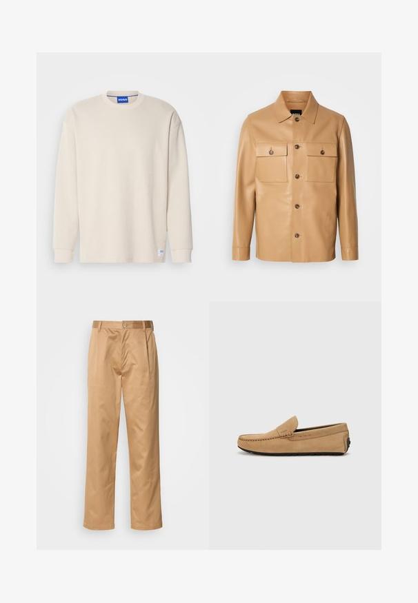 Veste en cuir tan avec un col classique, deux poches poitrine et des fermetures à bouton, présentant une texture lisse et des manches droites.; Chemise en maille côtelée beige à manches longues avec un col rond et une étiquette logo cousue en bas à gauche. Texture douce et coupe décontractée.; Pantalons khaki, en mélange de coton, coupe droite, plis avant, passants de ceinture et fermeture à bouton. Texture lisse sans motifs.; Mocassin beige en suède avec un bout cousu, design à enfiler et semelle en caoutchouc noir. Présente un logo discret sur le côté.