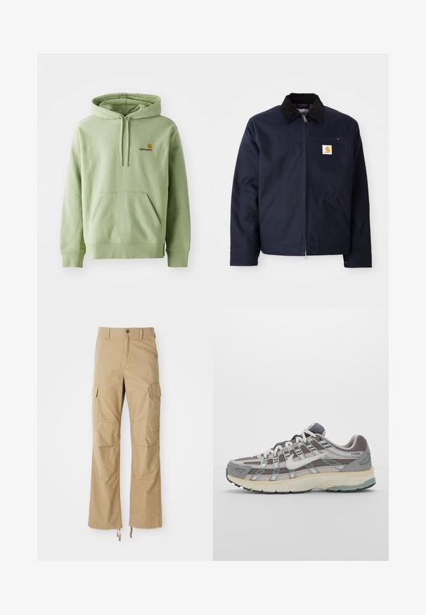 Jachetă albastru închis, din pânză, cu guler din catifea neagră, închidere cu fermoar, buzunar frontal și patch cu logo pe pieptul stâng.; Hanorac pulover verde deschis dintr-un material moale, cu buzunar tip kangaroo, glugă cu șnur și un mic logo brodat pe piept.; Pantaloni cargo khaki dintr-un material durabil, cu multiple buzunare laterale, design cu picior drept și șnururi ajustabile la tiv.; Pantofii sport gri sunt realizați dintr-un amestec de plasă și piele întoarsă, cu accente albe, o talpă bine îmbrăcată și un design distinctiv cu elemente reflectorizante.
