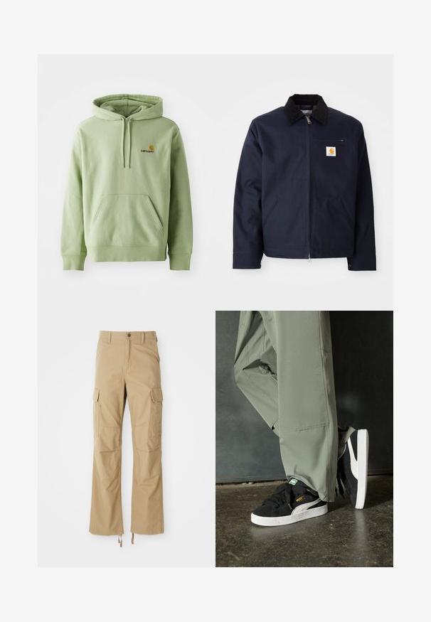 Chaqueta azul marino de lona con cuello de pana negro, cierre de cremallera, bolsillo frontal y parche del logo en el lado izquierdo del pecho.; Sudadera con capucha de color verde claro, hecha de un tejido suave, que presenta un bolsillo canguro, capucha con cordón y un pequeño logotipo bordado en el pecho.; Pantalones cargo caqui hechos de un tejido duradero, con múltiples bolsillos laterales, un diseño de pierna recta y cuerdas ajustables en el dobladillo.; Zapatillas de ante negras con suelas de goma blancas y rayas laterales, combinadas con pantalones cargo verde claro, de pie sobre una superficie oscura texturizada.