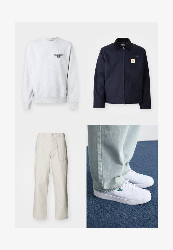 Mornarsko modra jakna iz platna s črnim kordinom na ovratniku, zadrgo, sprednjim žepom in logotipom na levi prsni strani.; Siv sweatshirt z okroglim ovratnikom, z ribastimi manšetami in robom. Ima majhen črn logotip "Carhartt WIP" na levem prsnem delu. Material iz mešanice bombaža.; Svetlo bež široke hlače iz bombaža. Imajo sprednje žepe in gumbasto zapiranje. Gladka tekstura z subtilnimi navpičnimi črtami.; Bela usnjena športna obutev z zelenim Nike logotipom, okrogla konica, ravna podplat, v kombinaciji z svetlo modrimi kavbojkami, prikazana na modrem preprogu.