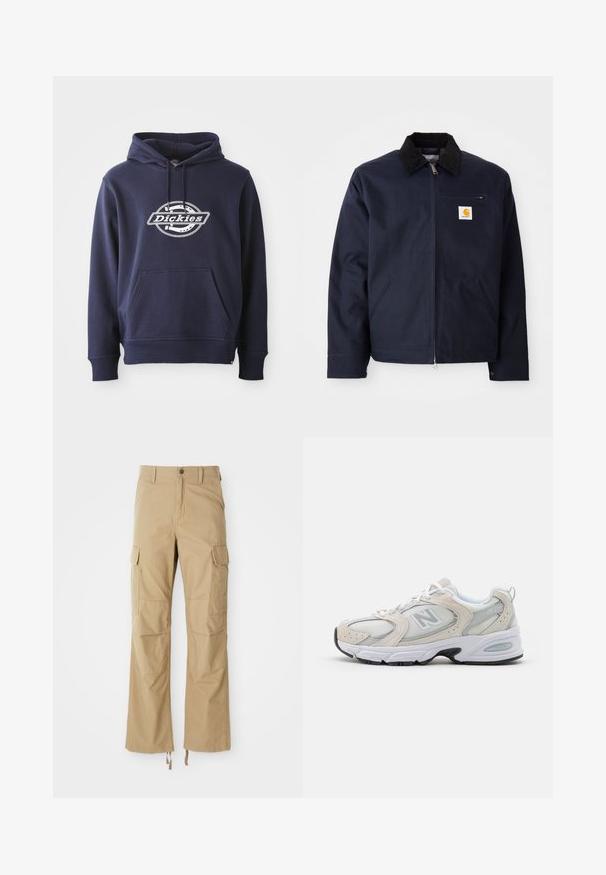 Námořnická modrá bunda z plátna s černým manšestrovým límcem, zapínání na zip, přední kapsa a logo na levé hrudi.; Námořnická modrá mikina s kapucí vyrobená z bavlněné směsi. Obsahuje přední kapsu a kapuci se šňůrkou. Bílé logo "Dickies" přes hrudník v kruhovém designu.; Khaki pracovní kalhoty vyrobené z odolné tkaniny, s několika bočními kapsami, rovnou nohavicí a nastavitelnými tkaničkami na lemu.; Atletická obuv s lehkým šedým síťovaným svrškem s semišovými akcenty, bílými tkaničkami a černou gumovou podrážkou. Výrazným detailem je tlumení ABZORB.