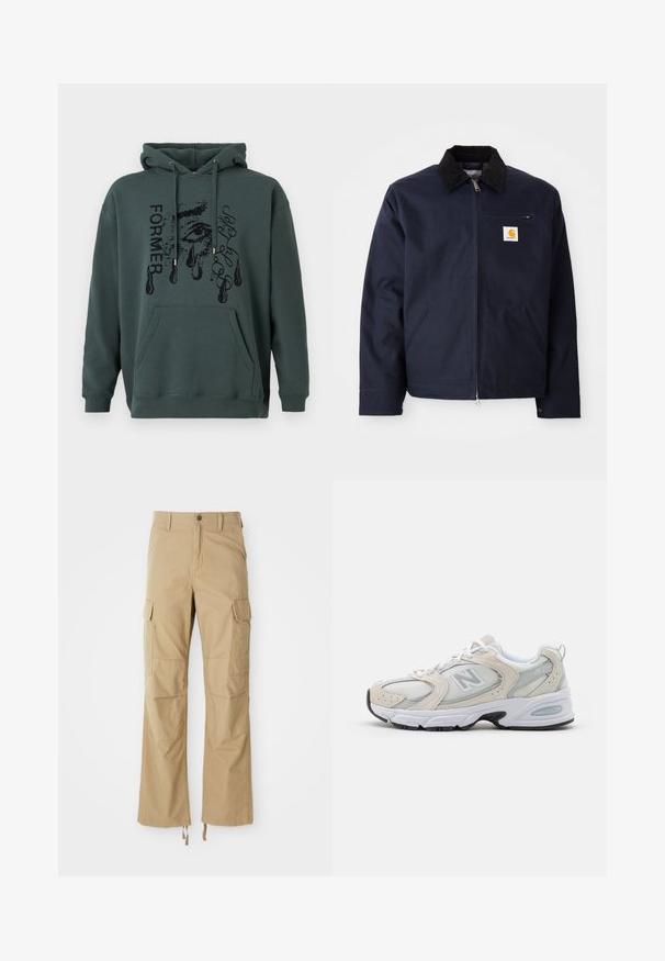 Giacca blu navy in tela con colletto in velluto a coste nero, chiusura con zip, tasca frontale e patch logo sul lato sinistro del petto.; Felpa verde scuro realizzata in morbido tessuto, dotata di tasca frontale, cappuccio con cordino e grafica testuale con un design di occhio e lacrime.; T-shirt verde chiaro a maniche corte realizzato in tessuto morbido, con una tasca sul petto decorata da un'etichetta con logo quadrato. Design semplice e sobrio.; Pantaloni cargo khaki realizzati in tessuto resistente, con molteplici tasche laterali, design a gamba dritta e cordoncini regolabili all'orlo.; Scarpa sportiva con tomaia in mesh grigio chiaro e accenti in suede, lacci bianchi e suola in gomma nera. Dettaglio di ammortizzazione ABZORB notevole.