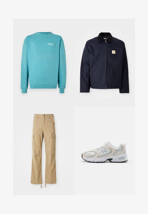 Giacca blu navy in tela con colletto in velluto a coste nero, chiusura con zip, tasca frontale e patch logo sul lato sinistro del petto.; Felpa in cotone turchese, collo rotondo, maniche lunghe, polsini e orlo a coste, presenta un piccolo logo grafico bianco sul lato sinistro del petto.; Pantaloni cargo khaki realizzati in tessuto resistente, con molteplici tasche laterali, design a gamba dritta e cordoncini regolabili all'orlo.; Scarpa sportiva con tomaia in mesh grigio chiaro e accenti in suede, lacci bianchi e suola in gomma nera. Dettaglio di ammortizzazione ABZORB notevole.