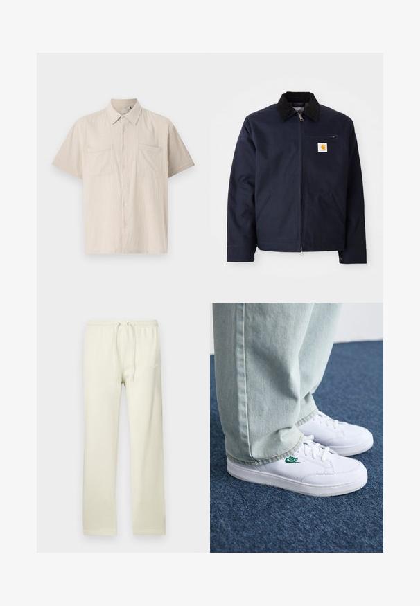 Tumed sinine keebus, mis on valmistatud kanvasest, musta kampsuni kraega, lukuga, ees taskuga ja logo plaastriga vasakul rinnal.; Lühikeste varrukatega nööbiga särgikäik heledas beežis, tekstuurse kangaga, kahe esipoolse rinna-taskuga ja terava kraega.; Heledad ja kerged beežid dressipüksid seotava paelaga vöökohal, valmistatud pehmest materjalist. Vasakul reiel on valge jahe Nike logo.; Valged nahast tennisetossud rohelise Nike logo ja ümarate varvastega, lamedate taldadega, koos helesiniste teksapükstega, esitatud sinisel vaibal.