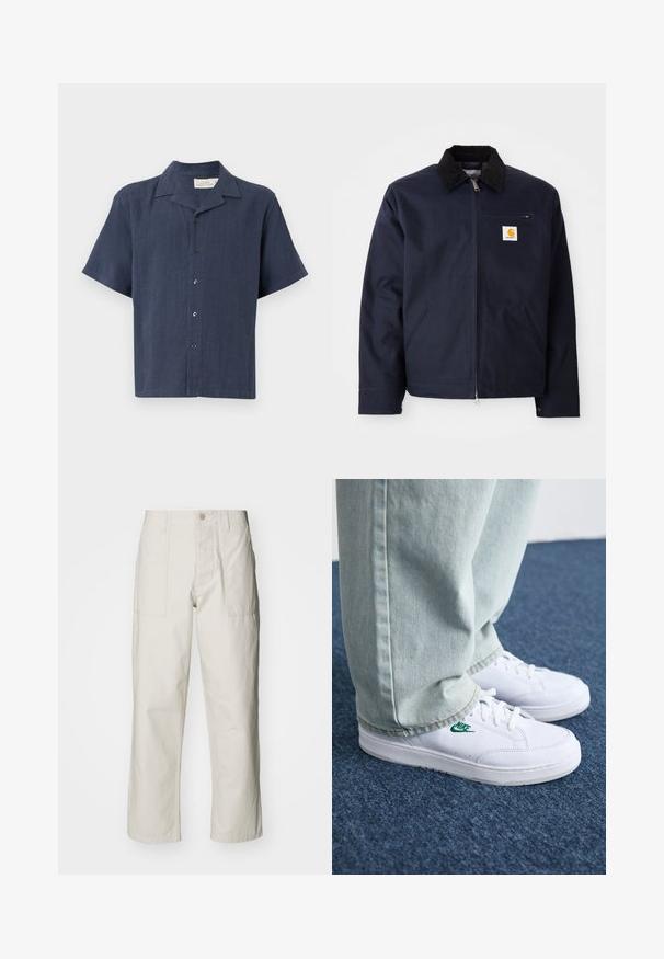 Marineblaue Jacke aus Segeltuch mit schwarzem Cordkragen, Reißverschluss, Fronttasche und Logopatch auf der linken Brust.; Kurzärmliges, knöpfbares Hemd in dunkelblau, aus strukturiertem Stoff gefertigt. Verfügt über einen klassischen Kragen und fünf schwarze Knöpfe auf der Vorderseite.; Helle beige weit geschnittene Hose aus Baumwolle. Verfügt über Fronttaschen und einen Knopfverschluss. Glatte Textur mit dezenten vertikalen Streifen.; Weiße Leder-Sneaker mit grünem Nike-Logo, runde Zehenpartie, flache Sohle, kombiniert mit hellblauen Jeans, präsentiert auf einem blauen Teppich.