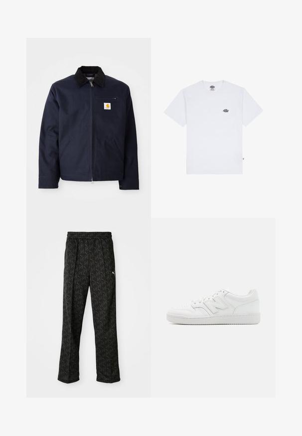 Mornarsko plava jakna od platna s crnim kordura ovratnikom, zatvaranje na zip, prednji džep i logo zakrpa na lijevoj strani prsiju.; Bijela pamučna majica s kratkim rukavima, koja ima mali crni logotip na prsima i oznaku u donjem lijevom kutu.; Crne sportske hlače s elastičnim pojasom. Imaju ponavljajući uzorak loga u tamnosivoj boji i bijeli logo naglasak blizu bokova.; Bijela tenisica od glatke kože, s perforiranim prstom, teksturiranim gumenim đonom, ravnim vezicama i istaknutim 'N' logom sa strane.