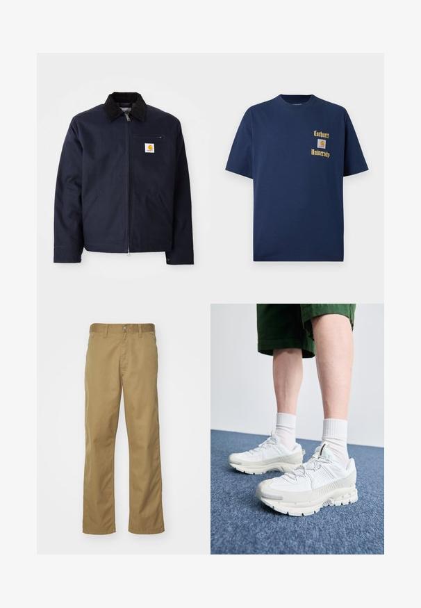 Jachetă albastru închis, din pânză, cu guler din catifea neagră, închidere cu fermoar, buzunar frontal și patch cu logo pe pieptul stâng.; Tricou din bumbac bleumarin cu mâneci scurte, având inscripția aurie "Carhartt University" și o etichetă cu logo pe partea stângă a pieptului.; Chino khaki cu un design cu picior drept, realizat dintr-un material de bumbac neted. Dispune de un închidere cu buton frontal și buzunare laterale.; Pantofi sport albi cu suprapuneri texturate, talpă masivă și accente gri. Purtați cu șosete albe până la glezne și pantaloni scurți verzi pe o suprafață albastră.