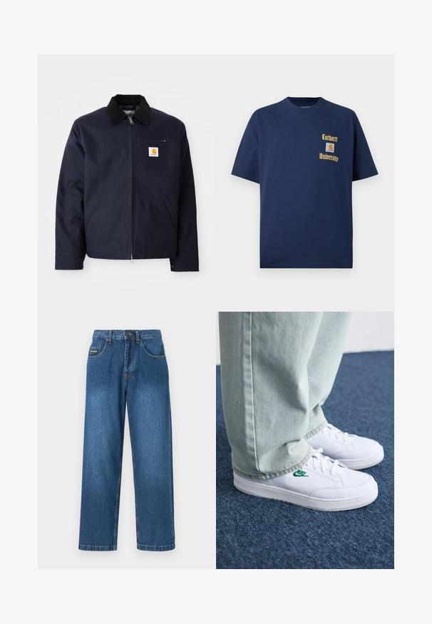 Casaco azul-marinho feito de lona, com gola de veludo cotelê preta, fecho com zíper, bolso frontal e patch de logo no lado esquerdo do peito.; T-shirt de algodão azul-marinho com mangas curtas, apresentando texto dourado "Carhartt University" e um emblema no lado esquerdo do peito.; Calças de ganga num azul médio, com um design de perna reta, cinco bolsos e detalhes em costura amarela.; Tênis de couro brancos com logo verde da Nike, bico redondo, sola plana, combinados com calças de denim azul claro, exibidos sobre um tapete azul.