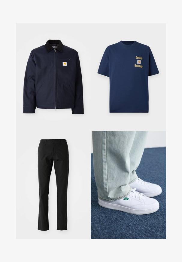 Ναυτικό μπλε jacket φτιαγμένο από κάνσα με μαύρο κοτλέ γιακά, κλείσιμο με φερμουάρ, μπροστινή τσέπη και λογότυπο στο αριστερό στήθος.; Σκούρο μπλε βαμβακερό T-shirt με κοντά μανίκια, με χρυσό κείμενο "Carhartt University" και λογότυπο ραμμένο στο αριστερό στήθος.; Μαύρο παντελόνι από ελαφρύ ύφασμα, με σχέδιο ίσιας γραμμής, μπροστινή κλείσιμο με κουμπί και πλάγιες τσέπες. Λείο υλικό.; Λευκά δερμάτινα sneakers με πράσινο λογότυπο Nike, στρογγυλή μύτη, επίπεδη σόλα, συνδυασμένα με ανοιχτό μπλε τζην παντελόνι, τοποθετημένα σε μπλε χαλί.