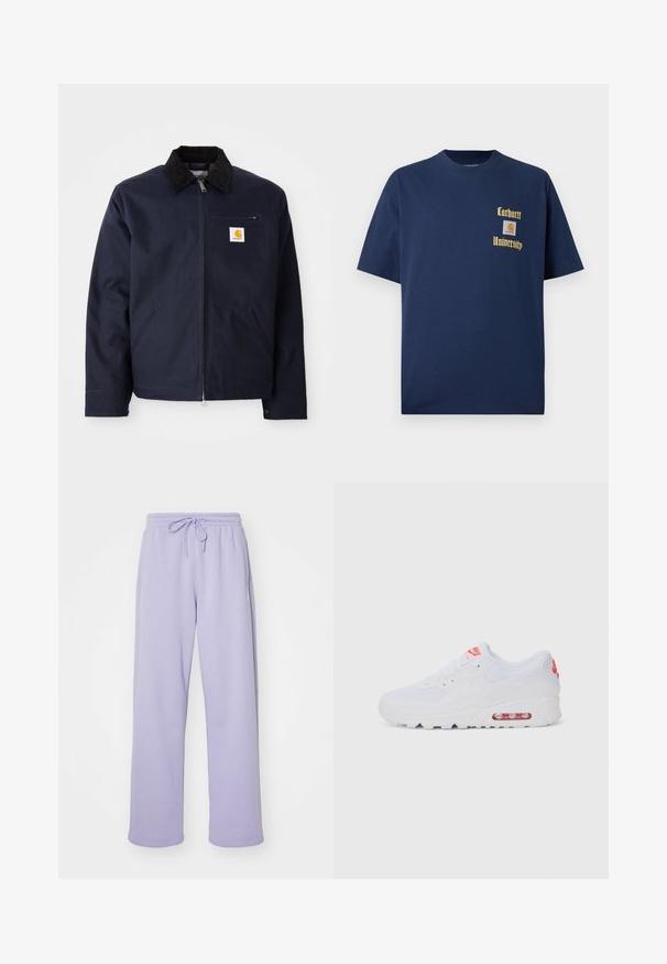 Marineblauwe jas van canvas met een zwart corduroy kraag, ritsluiting, een voorzak en een logo-opdruk op de linkerborst.; Marineblauwe katoenen T-shirt met korte mouwen, voorzien van gouden tekst "Carhartt University" en een logo-label op de linkerborst.; Paarse trainingsbroek met een elastische tailleband en trekkoord. Zachte stof, rechte pijpdesign en zijzakken. Gladde textuur.; Witte sportieve sneaker met een gladde bovenkant, vetersluiting, gevoerde zool en een zichtbare luchtunit met rode accenten op de branding.